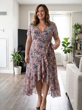 Nasty Gal Plus Size Chiffon Wrap Around Maxi Dress With Asymmetrical Ruffle Hem